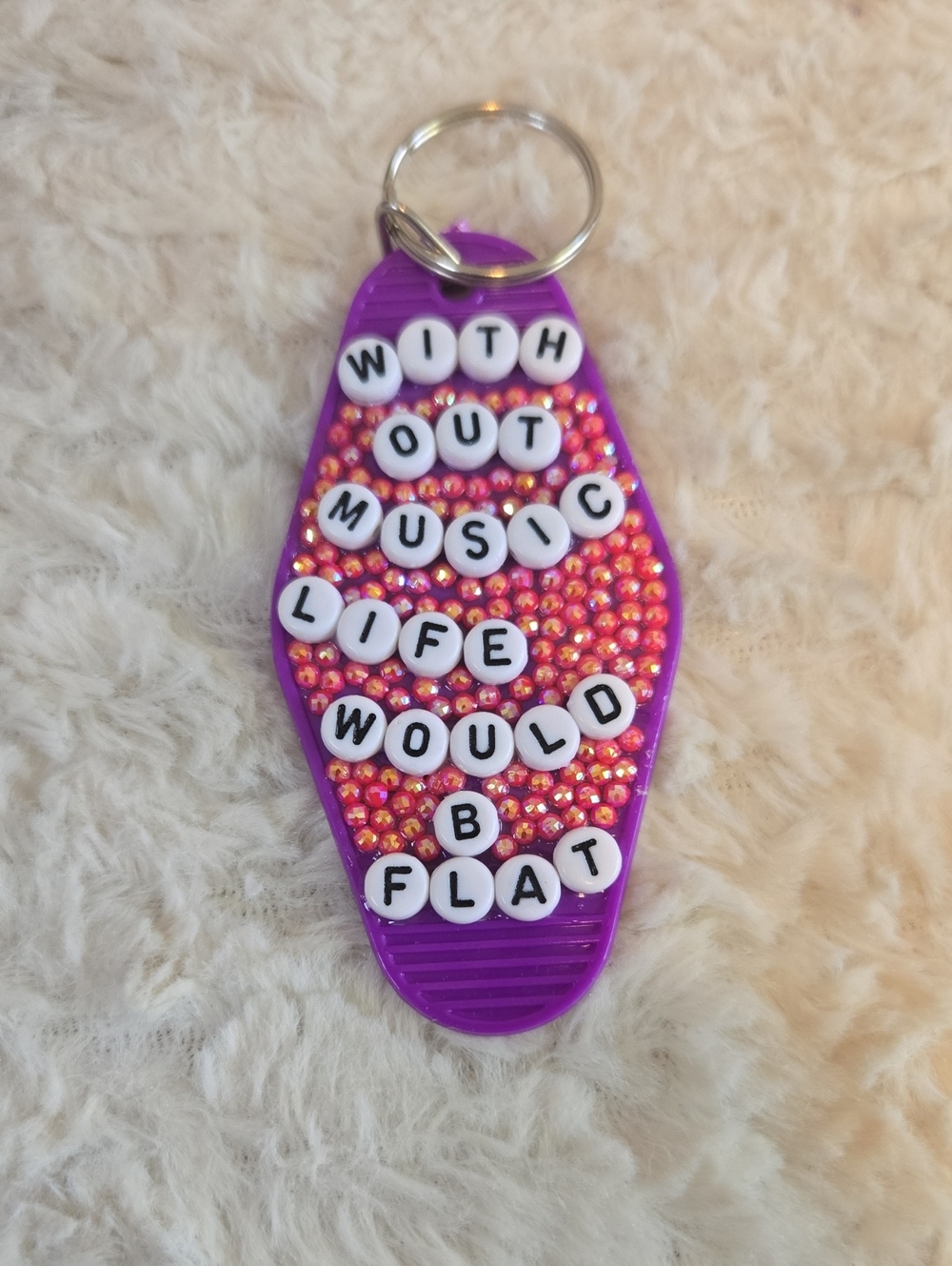 Handmade Purple Beaded Keychain Charm - "Without Music Life Would Be Flat"